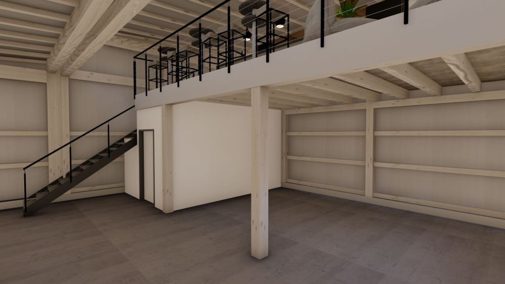 Erdgeschossbereich in moderner Holzbauweise, bei dem der konstruktive Aufbau klar sichtbar wird. Der offene Raum zeigt die tragenden Holzstützen und -träger, während der Treppenaufgang zur Galerie harmonisch integriert ist und die vertikale Verbindung zwischen den Ebenen betont.